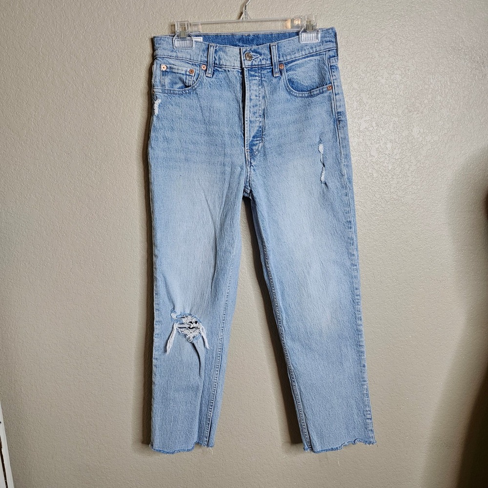 Gap Cheeky Straight High Rise Jeans Light Wash Distressed Raw Hem 29 8 Blue